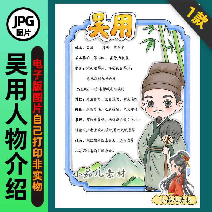1404【电子版】水浒传智多星吴用人物卡手抄报线稿竖版