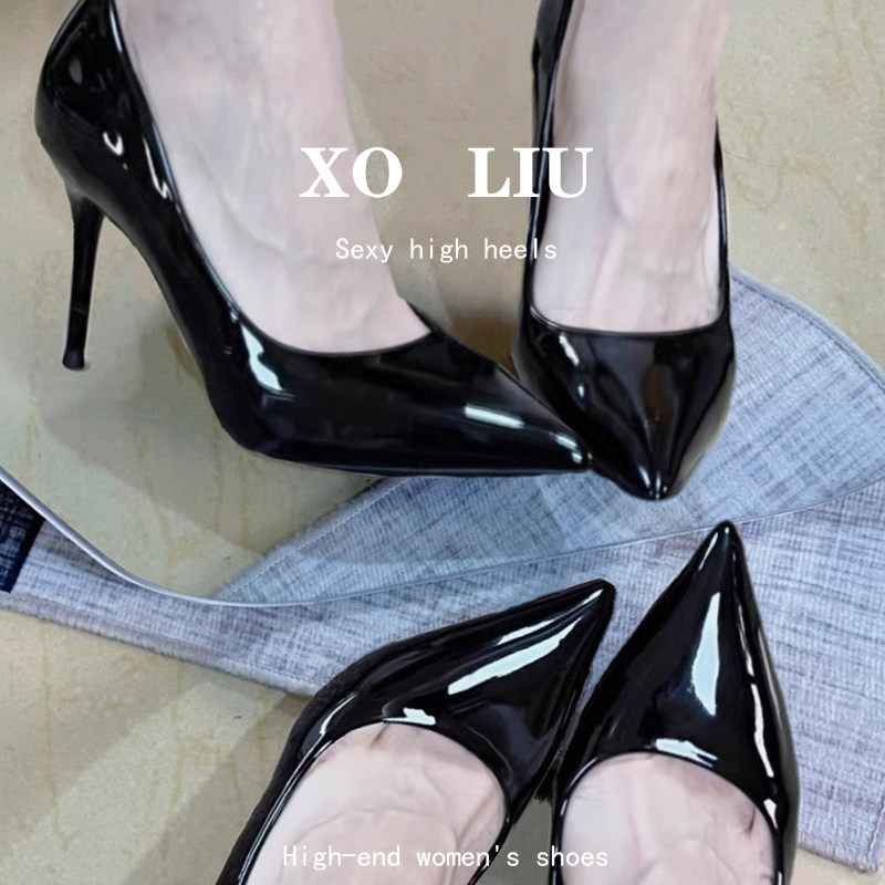 黑色漆皮高跟鞋女不磨脚春秋百搭气质尖头浅口性感细跟5cm单鞋女