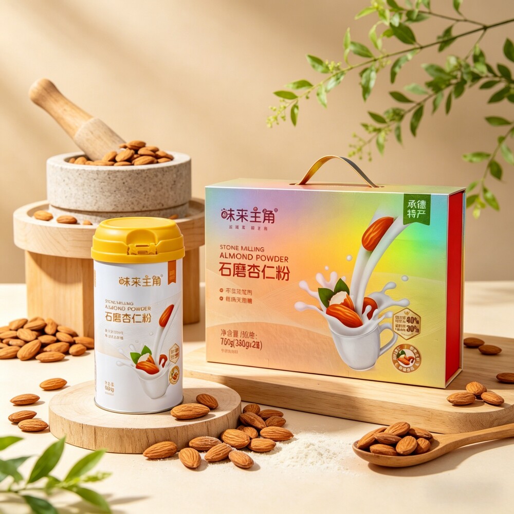 承德特产平泉味来主角石磨杏仁粉380gx2桶装冲饮纯杏仁粉脱苦杏仁