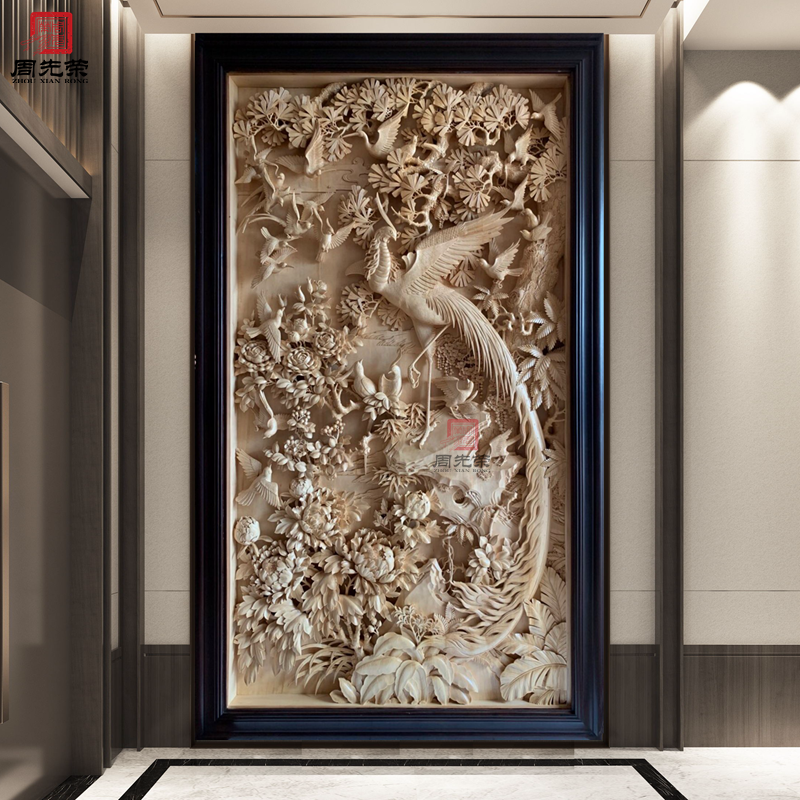 周先荣东阳手工非遗木雕百鸟朝凤椴木浮雕花鸟高端定制新中式中式