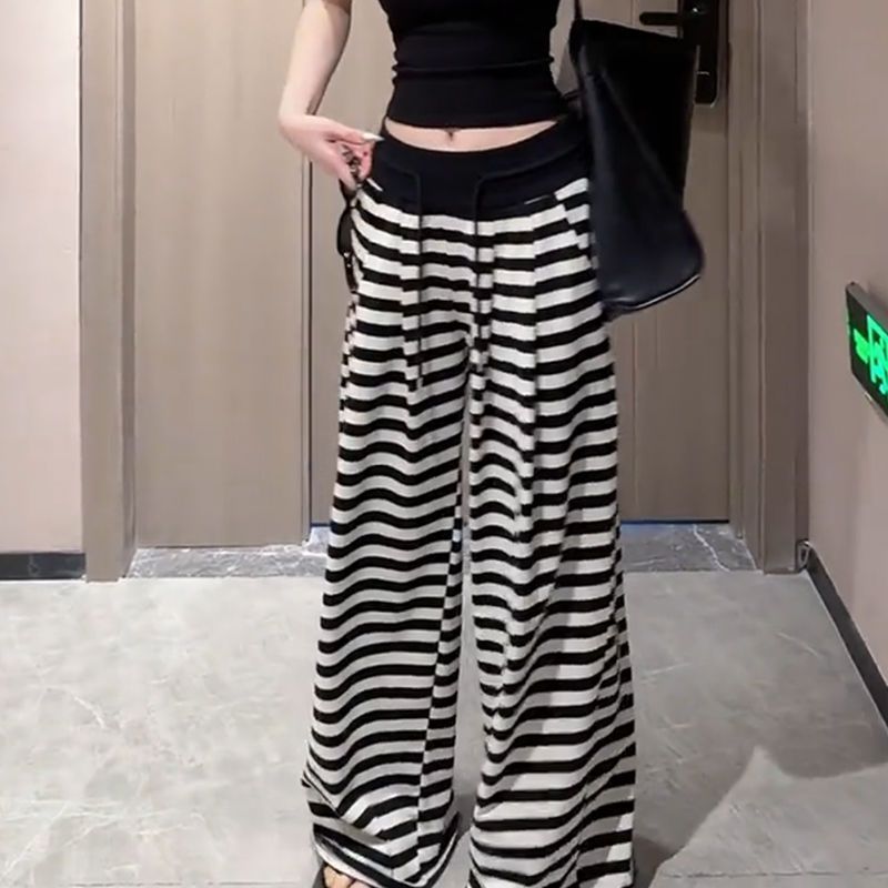 黑白运动大码阔腿高腰裤女条纹新款显瘦拖地休闲宽松大码裤子春秋