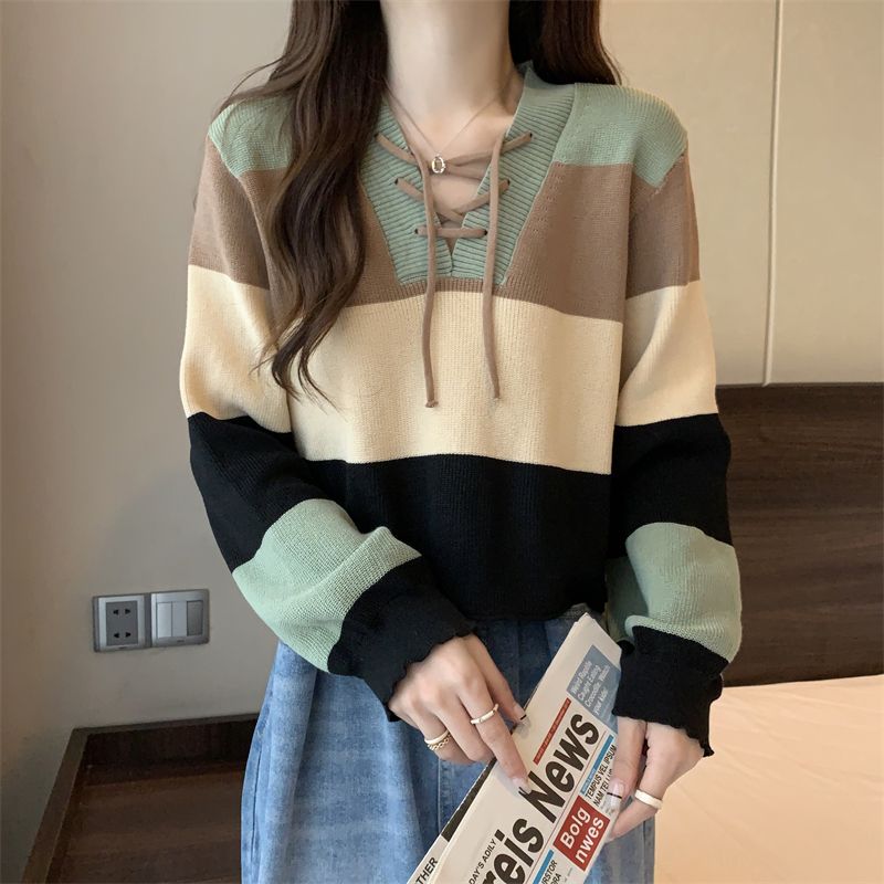 毛衣女春秋设计感小众条纹撞色短款针织衫港味复古chic小个子上衣