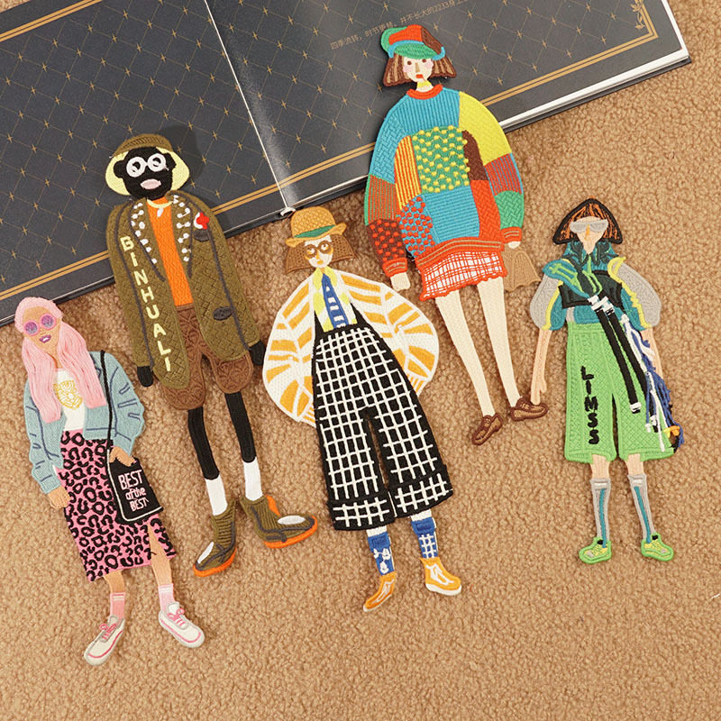 时尚卡通小人布贴衣服大号刺绣补丁贴手缝绣花贴绣片装饰图案贴布