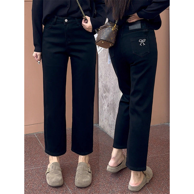 冬季加绒黑色直筒牛仔裤大码胖妹妹mm梨形身材宽松显瘦弹力九分裤