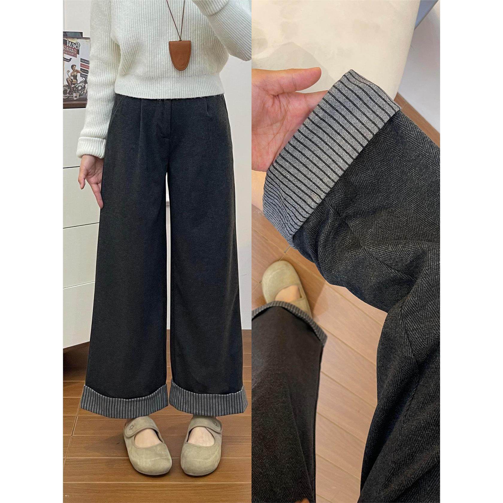 灰色毛呢休闲裤女秋冬加绒大码胖妹妹梨型身材宽松显瘦卷边阔腿裤