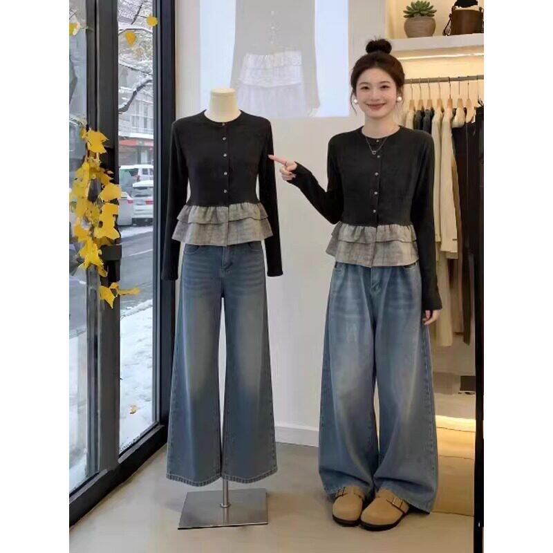 2026大码女装韩系荷叶边假两件长袖T恤女春季设计感正肩显瘦上衣