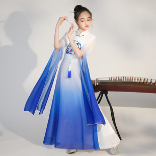 女童古筝演出服2023新款蓝色渐变渐变色女童中国风汉服气质古筝服