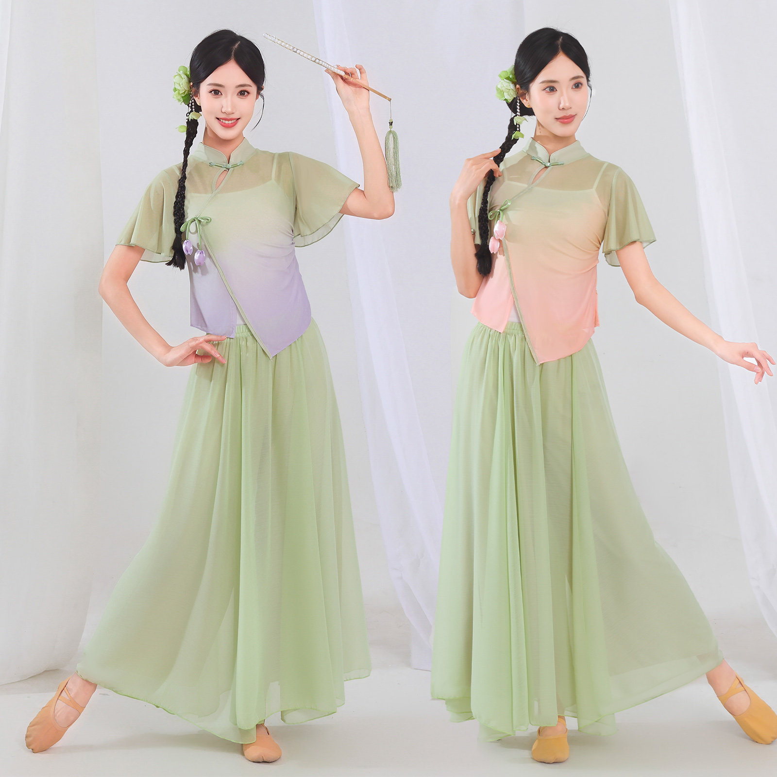 中国风古典舞蹈演出服女渐变色花卉装饰练功服新中式舞台装表演服
