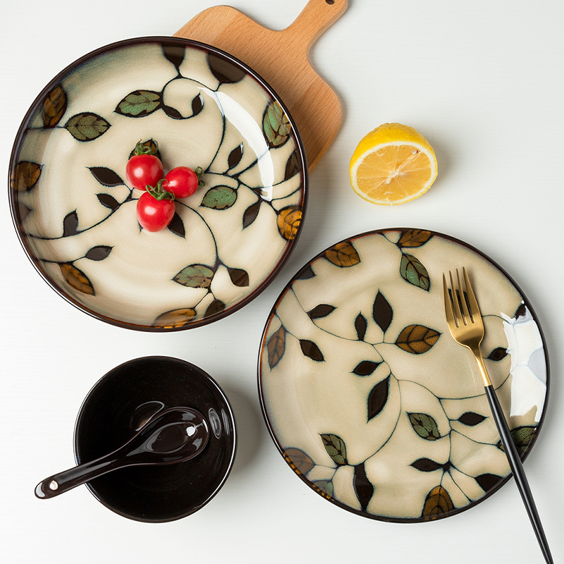 盘子家用创意窑变釉手绘碗碟复古