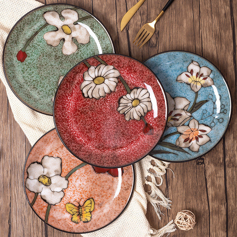 陶瓷盘家用创意窑变釉手绘菜碟西餐餐盘牛排盘大沙拉盘微波炉餐具