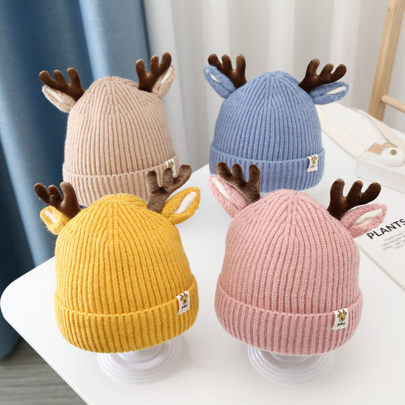 宝宝帽子秋冬季可爱鹿角儿童毛线帽1-6岁男童2女童针织保暖婴儿帽