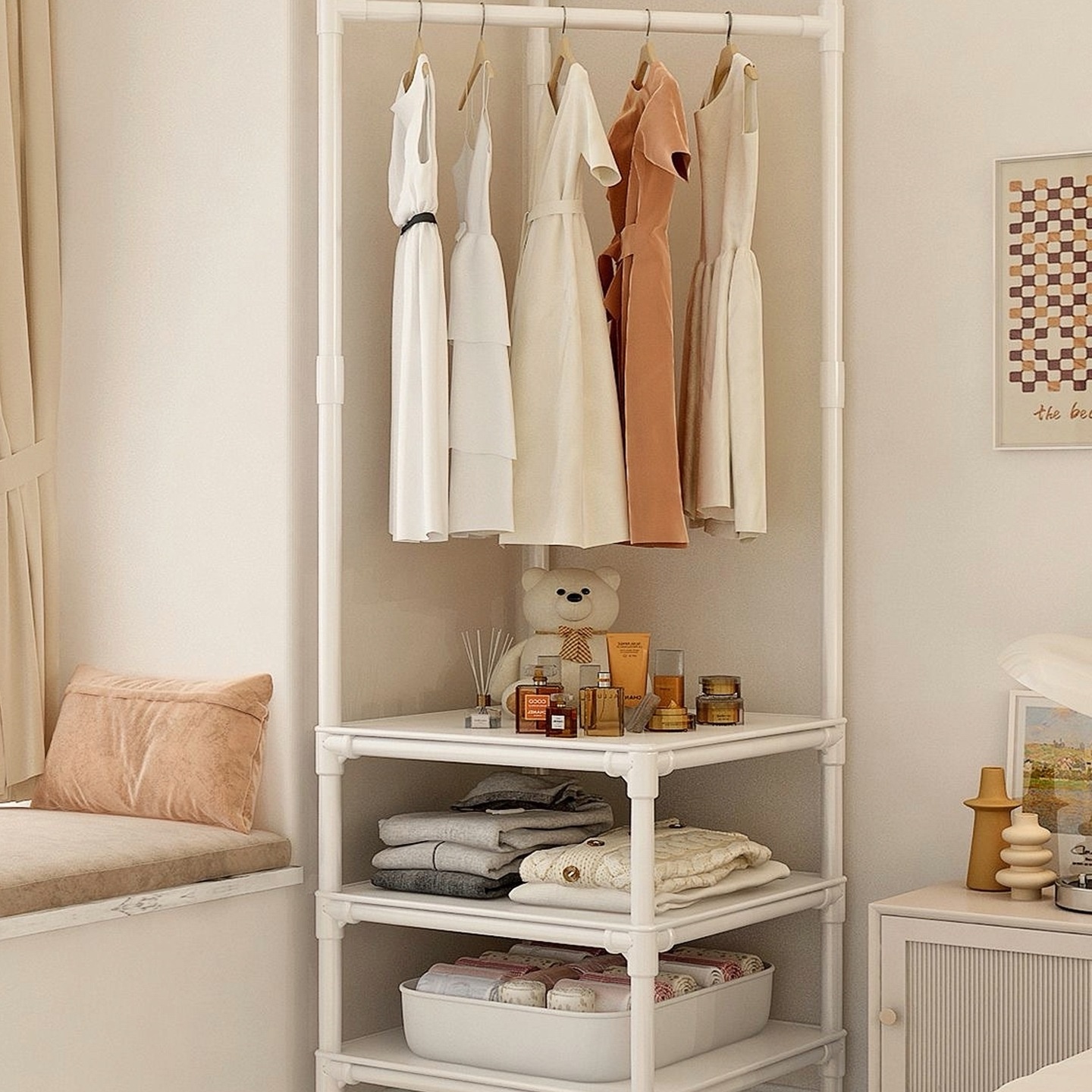 转角衣帽架落地家用卧室挂衣架床头放衣服简易置物架墙角鞋帽架子