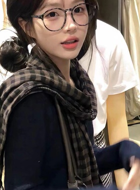 韩系氛围感棉麻双面格子围巾女2025新款文艺复古保暖围脖披肩装饰