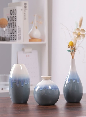 流釉窑变蓝色陶瓷花瓶摆件 家居装饰素烧白花瓶花插三件套装跨境