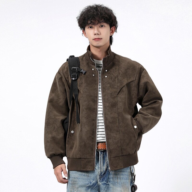 2025秋冬新款ins港风复古加绒PU皮夹克男宽松大码胖子情侣外套