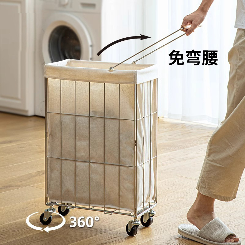 家用不锈钢脏衣篓手推车可折叠