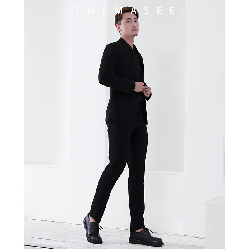 THEMASEE男装|黑色微弹修身西服套装男商务休闲职业装正装平驳领