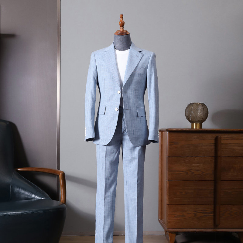 THEMASEE男装|条纹蓝色西服套装男两件套薄款小西服商务休闲修身