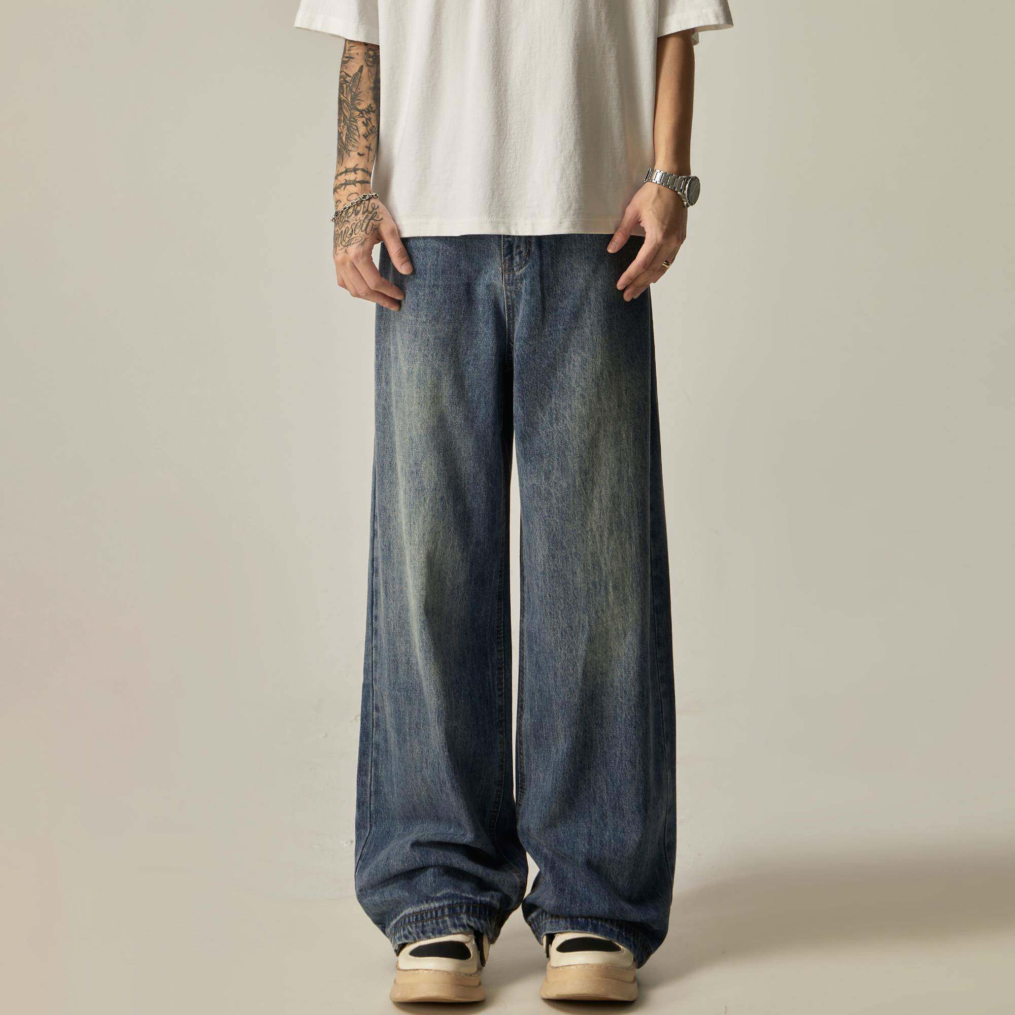 ISIETS复古cleanfit直筒裤子男美式高街宽松阔腿牛仔裤休闲长裤潮