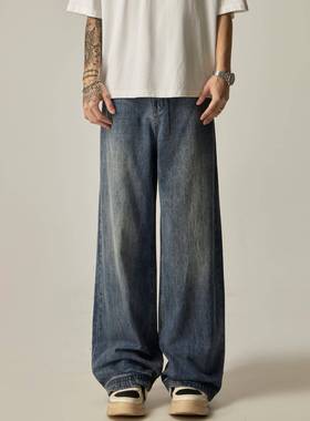 ISIETS复古cleanfit直筒裤子男美式高街宽松阔腿牛仔裤休闲长裤潮