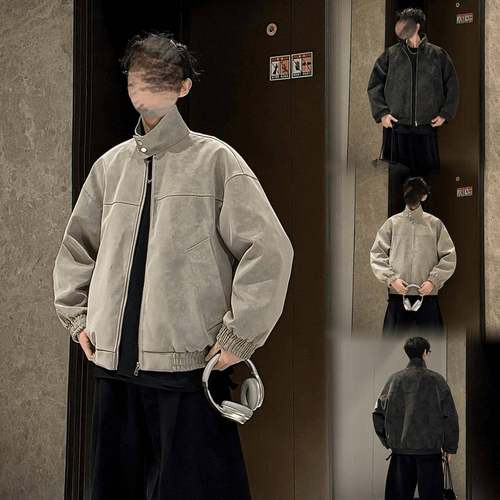 HN潮牌【扎染pu】春季新款复古立领皮衣夹克痞帅宽松百搭情侣外套