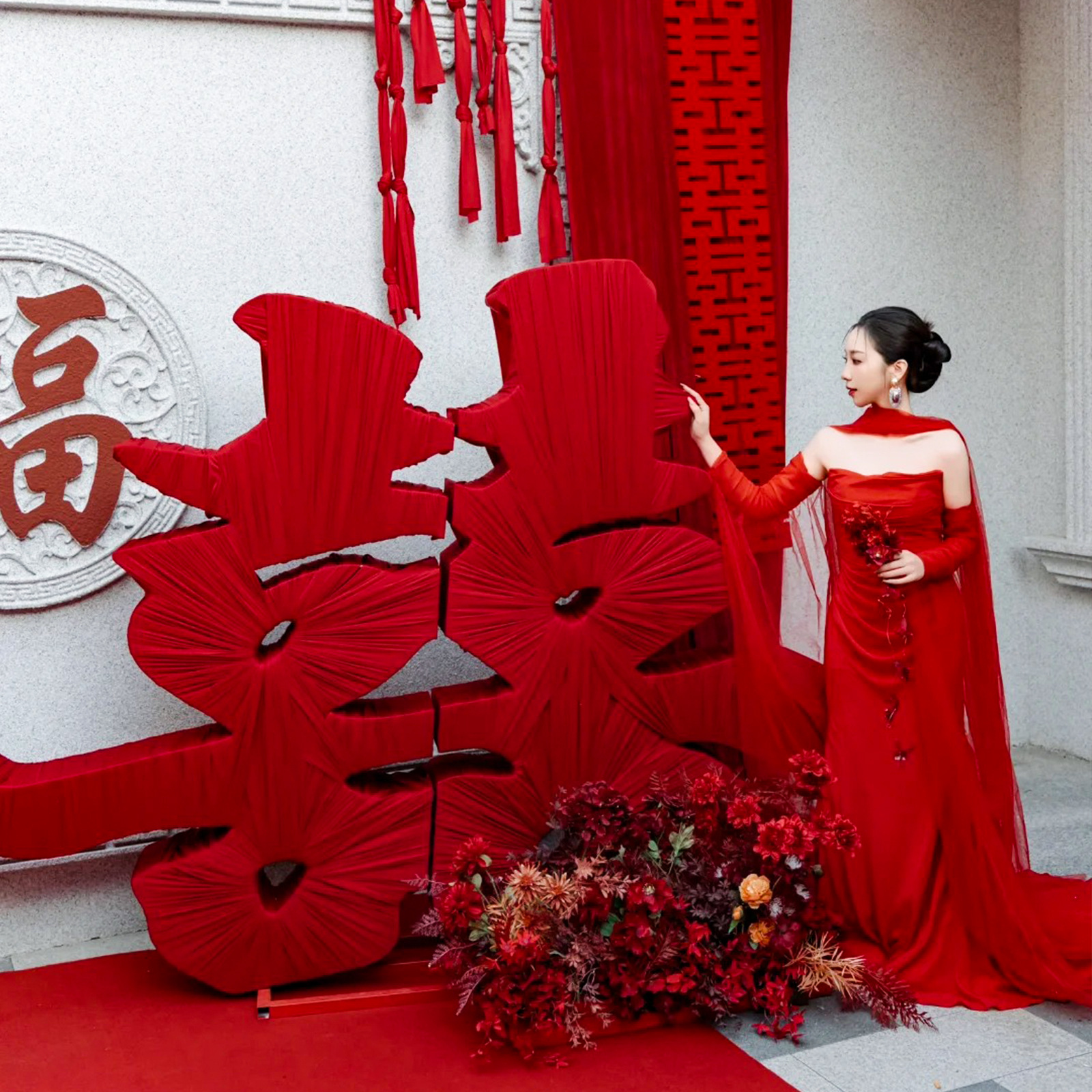 婚礼超大缠布喜字双喜屏风摆件