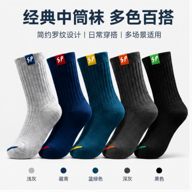 多场景穿着简约配色中筒百搭袜