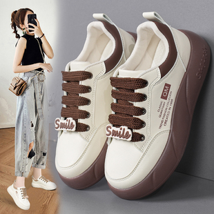 软底运动鞋 新款 百搭大码 41到42厚底板鞋 女鞋 踩屎感真皮小白鞋 春季