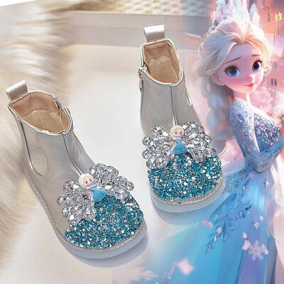 江博士女童短靴女孩水晶公主鞋春秋宝宝靴子儿童皮靴小女孩单靴