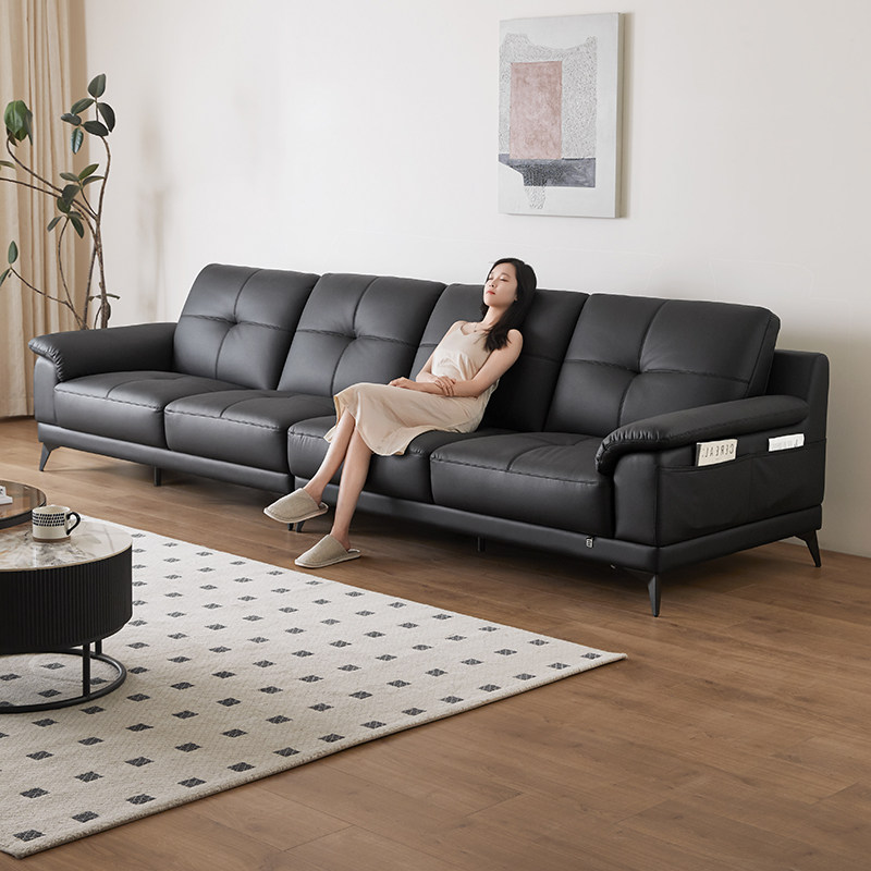 双虎意式极简沙发客厅2024新款头层牛皮小户型轻奢黑色皮沙发610