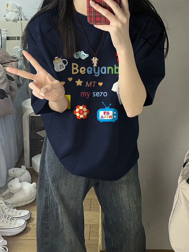 美式潮牌设计感趣味印花短袖T恤女夏季宽松显瘦休闲时尚炸街上衣
