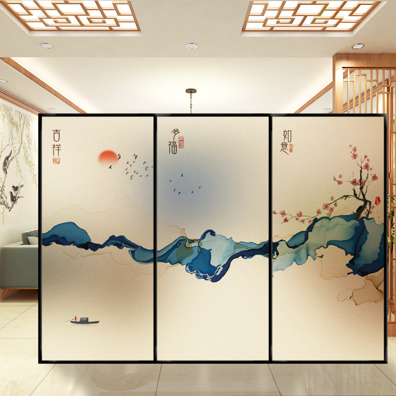定制磨砂中式山水移门推拉门窗装饰遮光防透防窥玻璃贴膜贴纸贴画