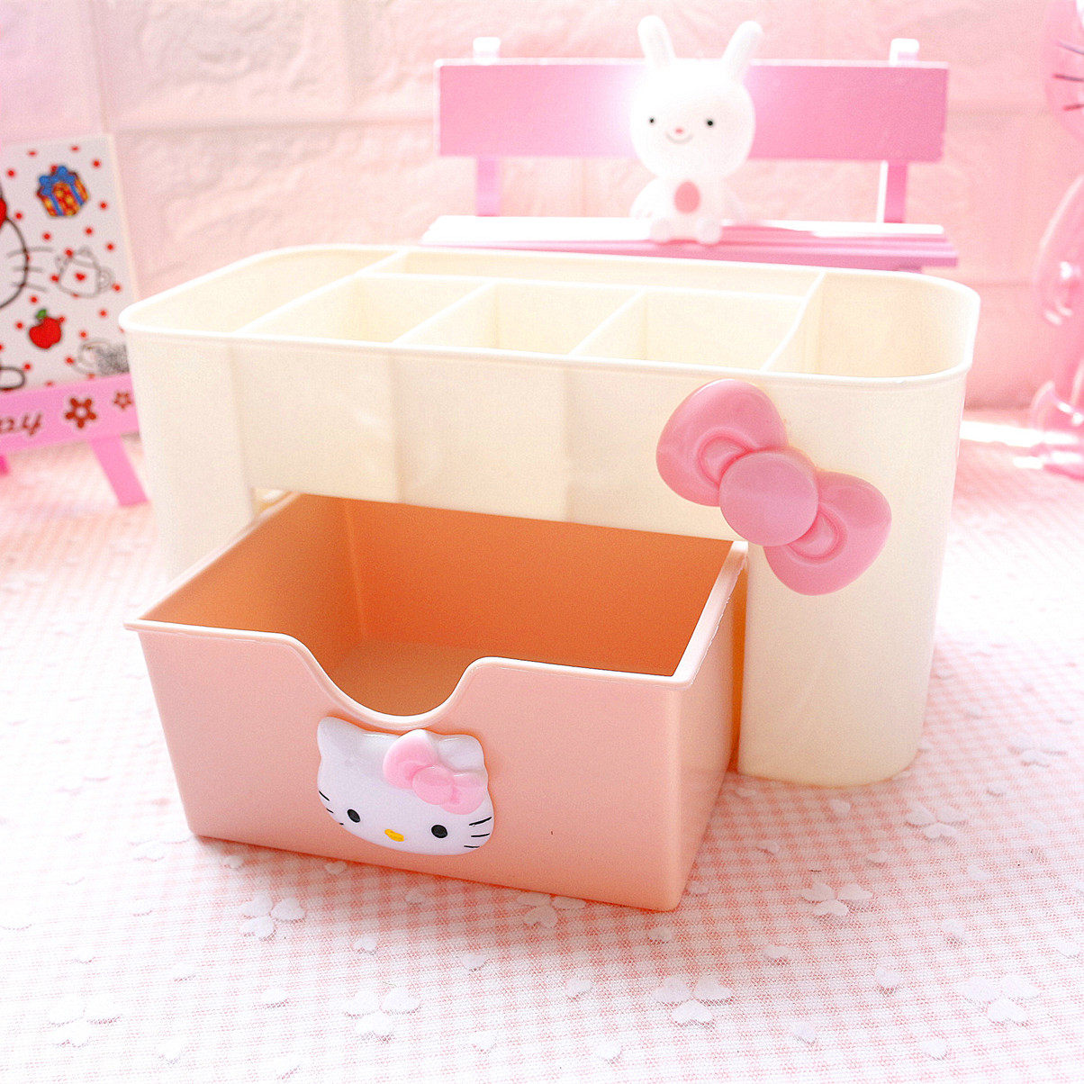 HelloKitty桌面收纳盒可爱卡通化妆品首饰整理抽屉式塑料办公桌面