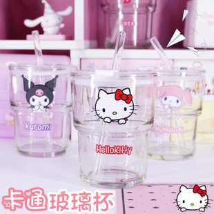 可爱卡通玻璃杯帕恰狗双饮牛奶杯子玉桂狗竹节杯情侣草莓熊吸管杯