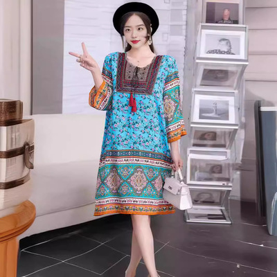 棉绸碎花连衣裙文艺复古春夏装民族女装裙泰国风连衣裙a字裙80色