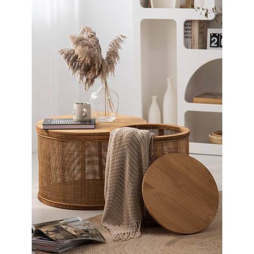 日式中式圆形圆柱实木藤编茶几客厅榻榻米简约沙发边几玻璃小茶桌