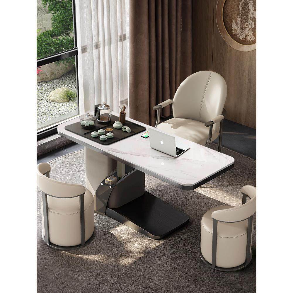 轻奢岩板茶桌椅组合家用阳台小茶台办公泡茶书桌一体两用现代茶几