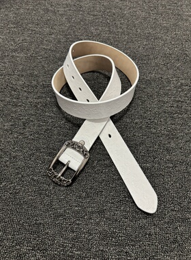 afaaa中古宫廷风二层牛皮雕花圆头针扣白色皮带 优雅简约复古腰带