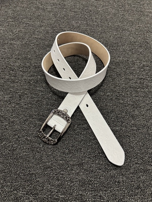afaaa中古宫廷风二层牛皮雕花圆头针扣白色皮带 优雅简约复古腰带