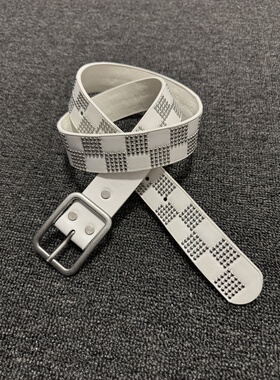 afaaa复古简约白色棋盘格铆钉皮带 原创小众腰带cleanfit穿搭配饰