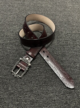 afaaa中古宫廷风二层牛皮雕花针扣棕色皮带 优雅简约通勤复古腰带