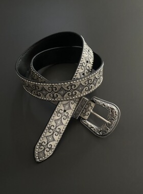 afaaa花纹铆钉皮带中古纹理质感y2k复古风西部牛仔风皮带穿搭配饰