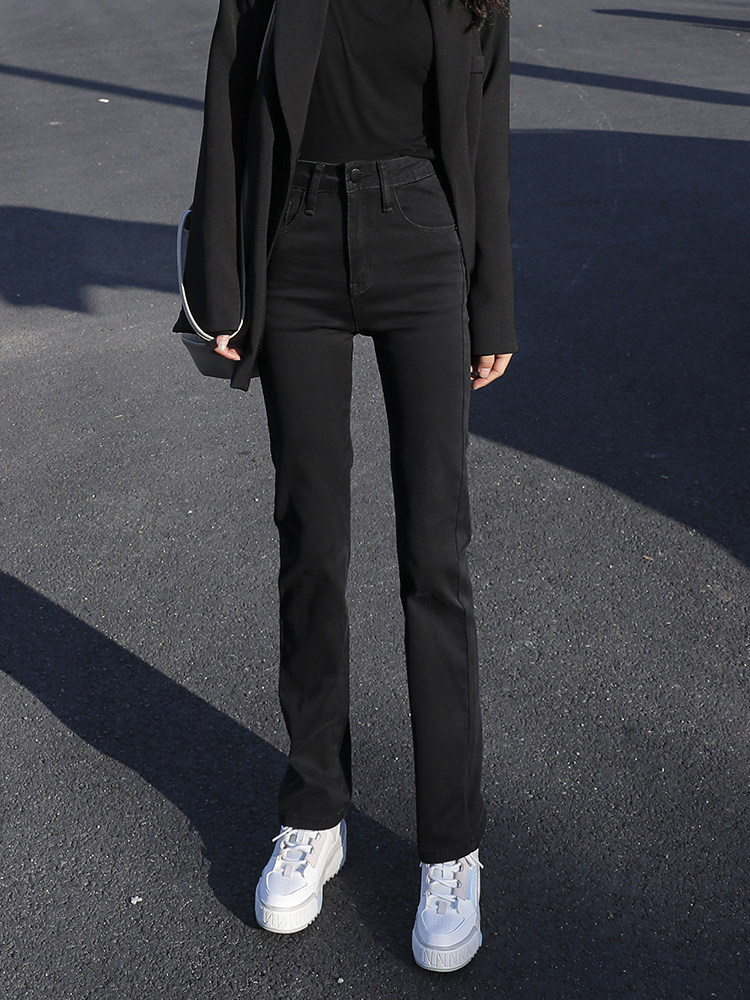 潮牌黑色加绒直筒牛仔裤女2025年新款秋冬季加厚窄版阔腿烟管裤子