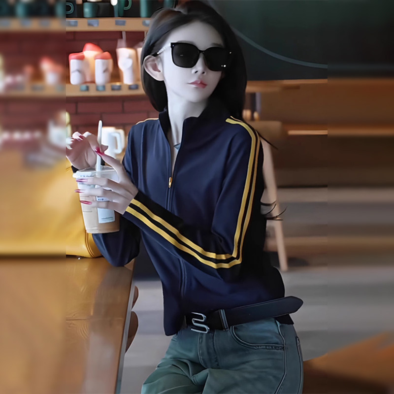 潮牌别致拉链立领开衫上衣春秋设计感小众两条杠薄款卫衣女外套