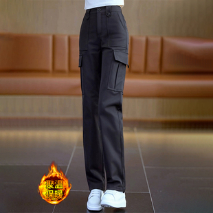 潮牌小个子加绒加厚工装裤女秋冬季高腰多口袋休闲直筒裤减龄长裤