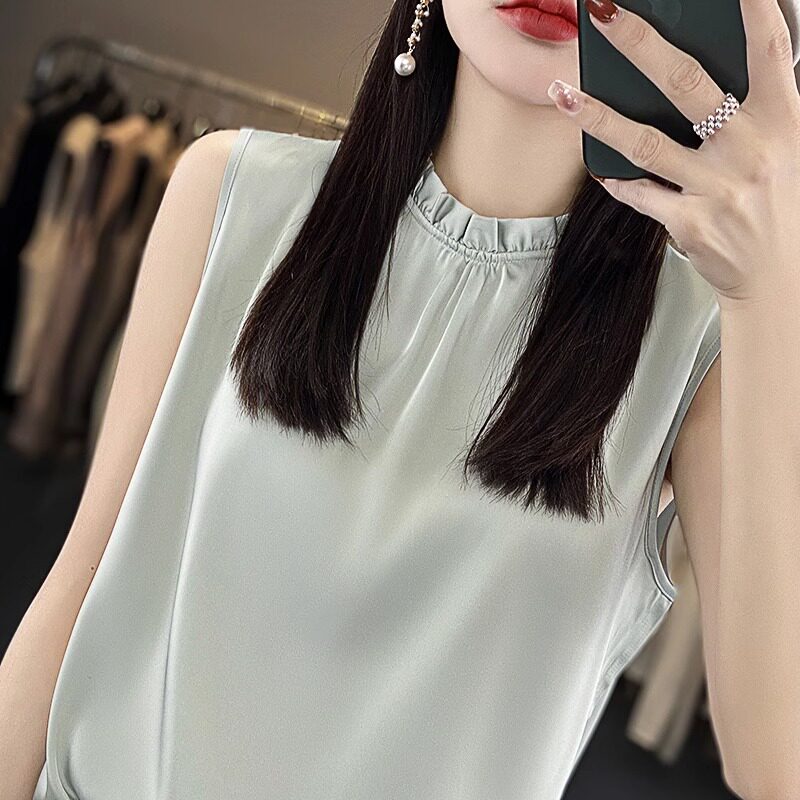 潮牌法式木耳边醋酸背心无袖高端吊带立领夏薄款西服内搭打底上衣