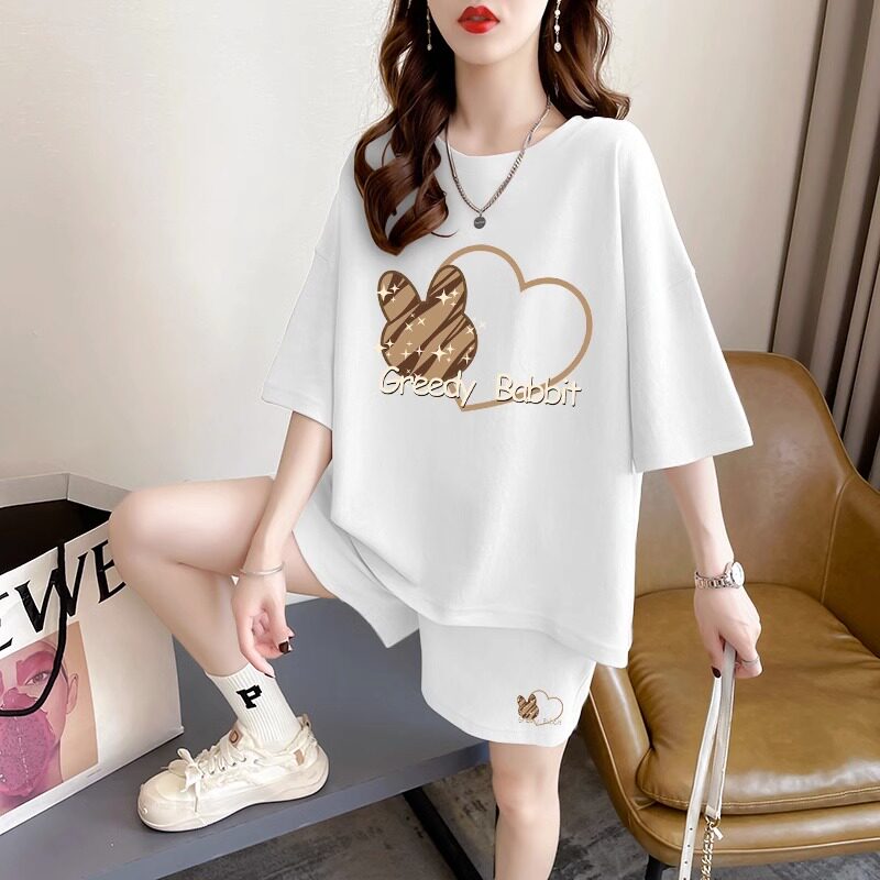 潮牌纯棉短袖短裤套装女慵懒风夏季新款宽松大码休闲运动服两件套