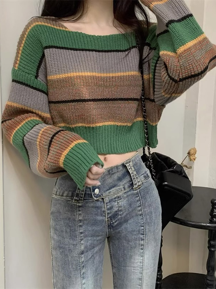 潮牌春秋季短款慵懒风软糯打底条纹毛衣女宽松针织衫内搭高腰上衣