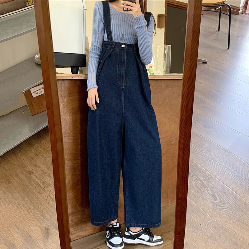 潮牌网红牛仔背带裤女2025春季新款小个子宽松显瘦连体直筒阔腿裤