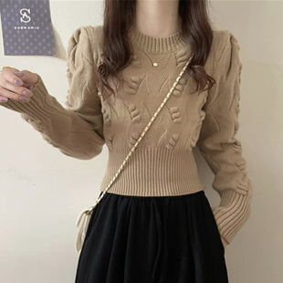 潮牌正肩毛衣女秋冬季洋气内搭打底衫小个子别致收腰短款上衣加厚